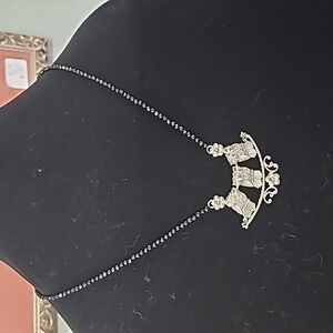 Thai Black Spinel Beaded Necklace w/ Sterling Silver 3 Owl Charm & Clasp